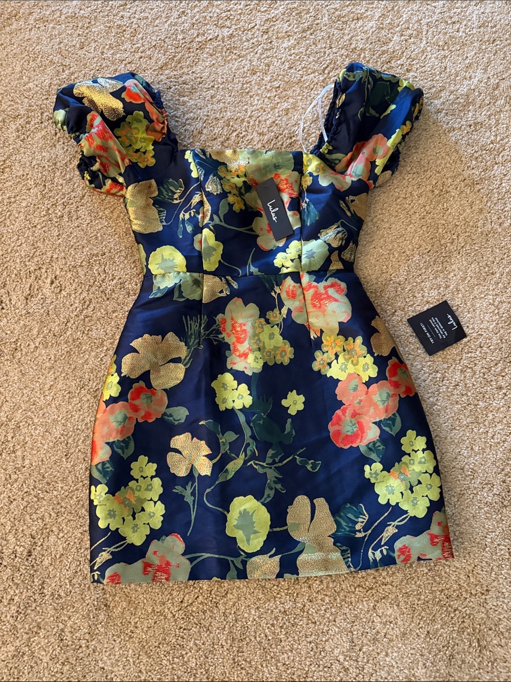 Lulu's Navy Floral Puff-Sleeve Mini Dress with Coral & Lime Accents